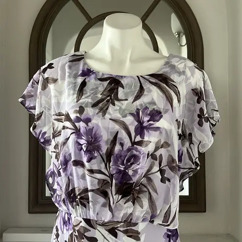 Connected Apparel Daphne Lavender Floral Chiffon Popover Dress, Petite Size 14