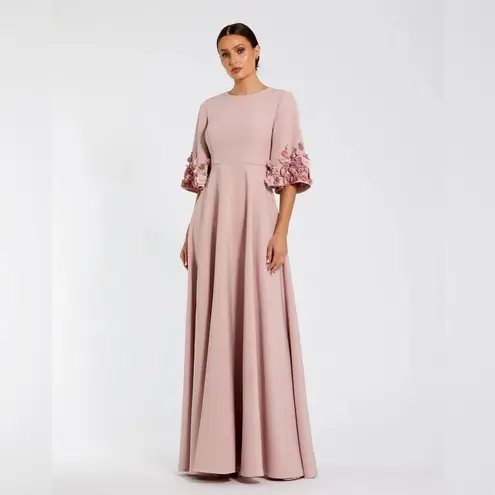 Mac Duggal 11854 Pink Crepe 3/4 Sleeve A-line Gown With Flower Trim