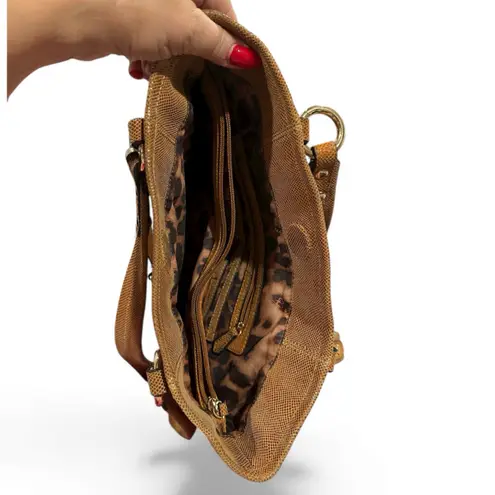 B. MAKOWSKY LEATHER SHIMMER SNAKE BROWN LIZZARD SHOULDER HANDBAG GOLDTONE TRIM