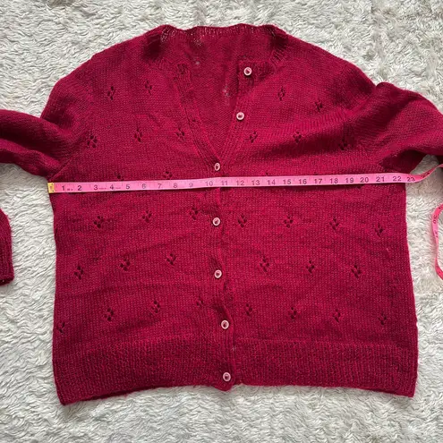 Handmade Gorgeous Knit Berry Red Wool Cardigan Pointelle Fits like Medium