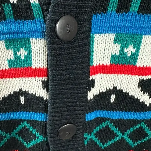 Vintage 70s Sasson Fair Isle V Neck Cardigan Sweater Oo La La Small Retro Black