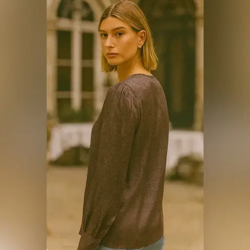 Violet+Claire NWT $50 Silk Brown Large Cuff Blouse Pleated Shoulder Top L