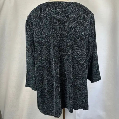 Alex Evenings Women'sā XL Open Front Cardigan Blazer Sparkle Black Teal Paisley