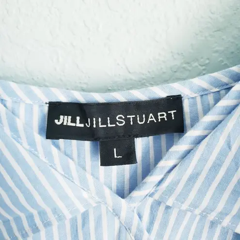 Jill Stuart Blue and White Striped Cold Shoulder Ruffle Trim Dress