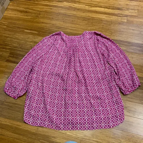 NYDJ Womens Plus Size XL Pink Geometric Print Split Neck 3/4 Sleeve Blouse Top