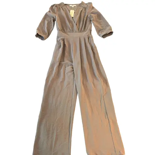 Monteau Los Angeles Wide Leg Jumpsuit V Neck 3/4 Sleeve Casual Modern NWT Tan