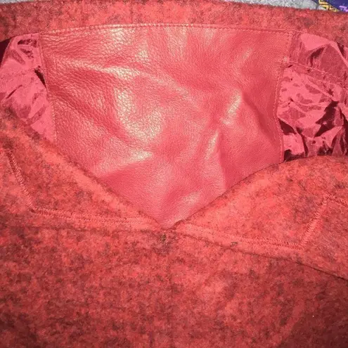 Akris two tone red wool pencil skirt, front slit with faux leather panel behind