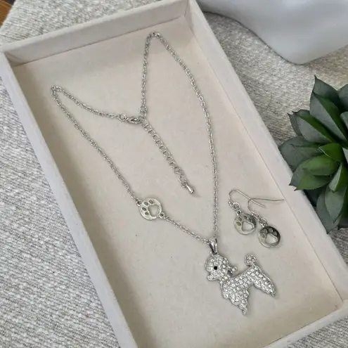 Boutique Silver Chain Necklace Poodle Dog Rhinestone Pendant Paw Print Earrings Set