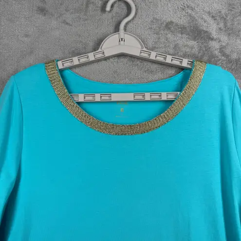 Belle by Kim Gravel Top Large Turquoise Gold Beaded Tunic Popover Slub Knit QVC Blue