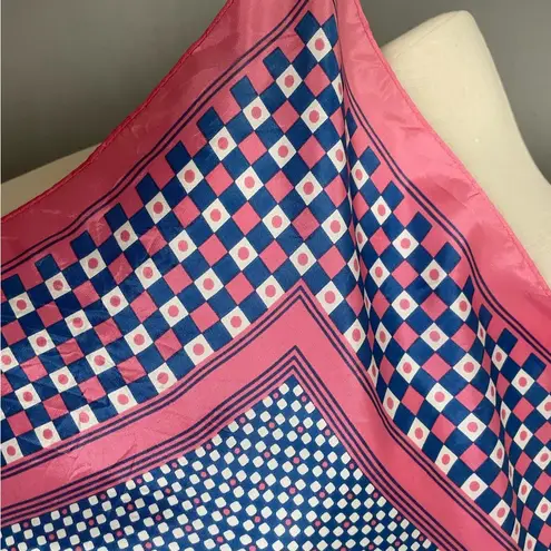 Vintage Scarf Pink Blue White Checkerboard Squares Dots Border Colorful Spring Pink
