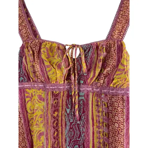 Jordache VTG Yellow Pink Sheer Sleeveless Wide Strap Babydoll Top Junior L Y2K