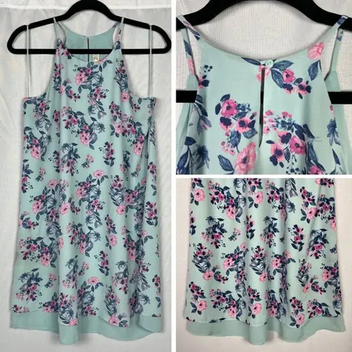 Pink Rose Floral Sleeveless Shift Dress Blue Pink Medium Chiffon Tiered Mini Sundress