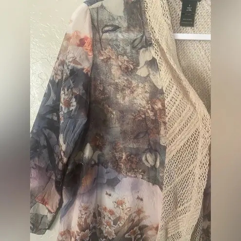 Ali Miles Open Cardigan Womens Small Floral Semi Sheer Knit Crochet Artsy Kimono