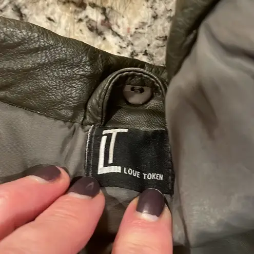 Love Token olive green vegan leather with faux fur removable collar moto jacket Size M