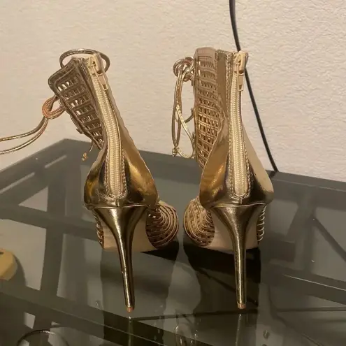 Shoe Dazzle Gold Lace Up Heels Size 9.5