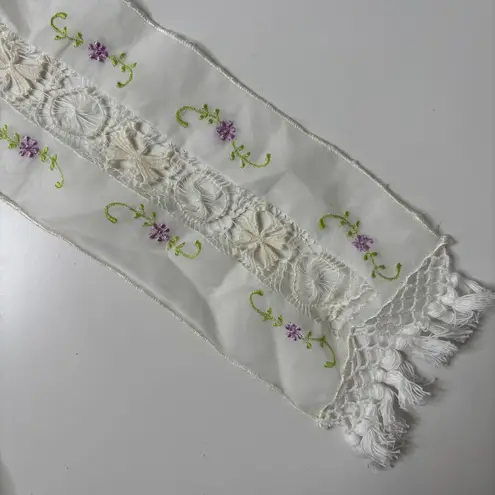 Vintage White Embroidered Floral Scarf Sheer Lace Tassels Women Coquette Thin