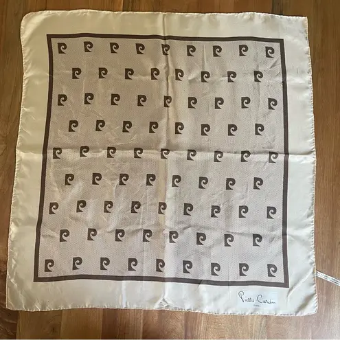 Pierre Cardin Vintage 70s Paris Signature Logo Silk Scarf Brown Ivory 25 x 26