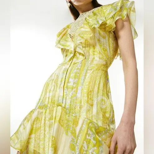 Karen Millen NEW Cutwork Applique Paisley Butter Yellow Ruffle Dress