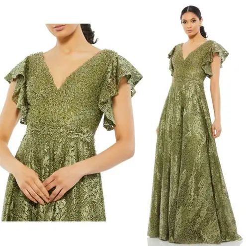 Mac Duggal 20310 Olive Green Embroidered Flutter Sleeve V Neck Gown 14 NEW $798