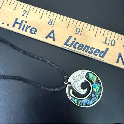 Abalone Shell Wave Silver Pendant Adjustable Cord Necklace 11g. Blue