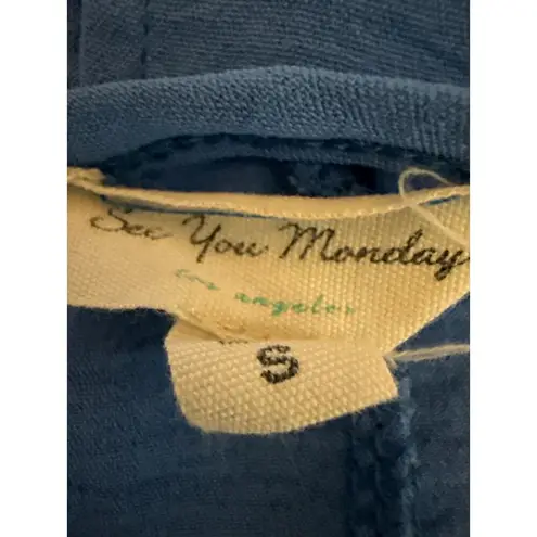 See You Monday Blue Short Sleeve Tie Waist Round Neck A Line Midi Dress Size S