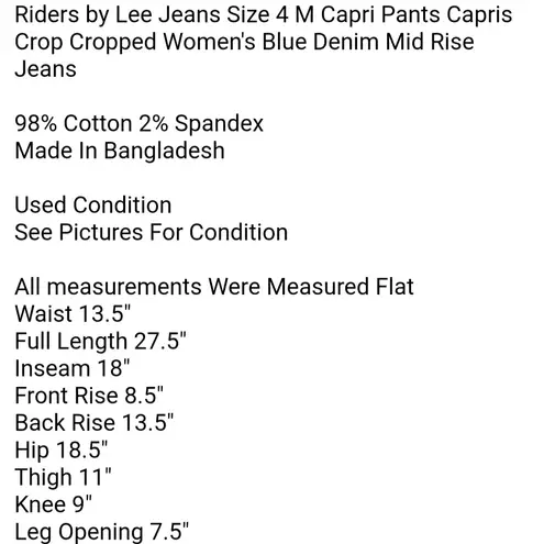 Riders By Lee  Jeans Size 4 M Capri Pants Capris Crop Cropped Women's Blue Denim Mid Rise Jeans 