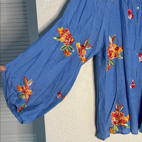 NEW Fig & Flower Blue Embroidered Floral Button Up Blouse Mandarin Large Cottage