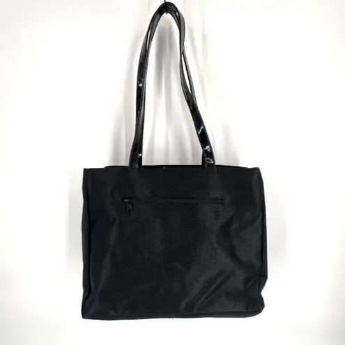 Falchi Sport Black Shoulder Tote Bag Logo Smooth Canvas Patent Leather Straps