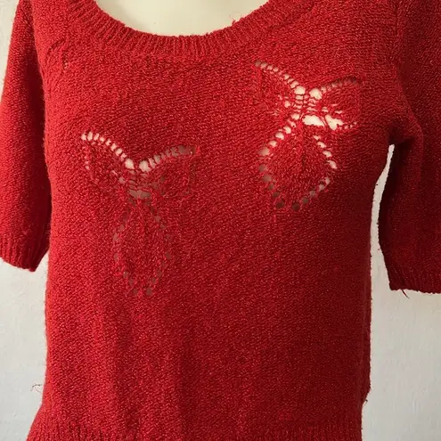 Esprit cecily red metallic scoop neck Caterpillar design short sleeve sweater S
