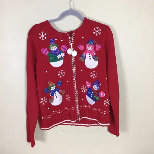 Crystal Kobe Women Red Full zip vintage Christmas Snowmen cardigan sweater Med