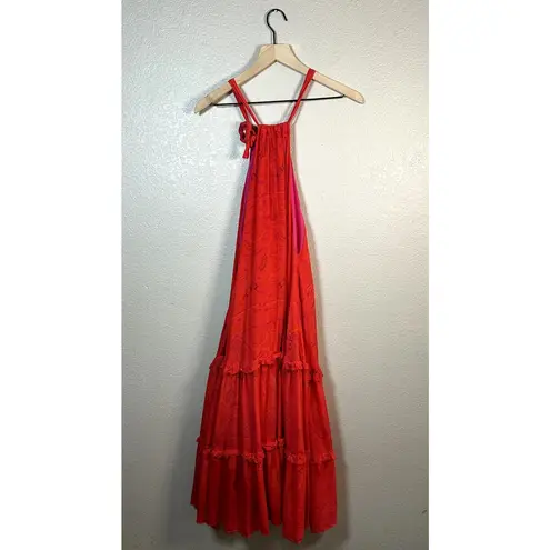 Chufy Huancayo Halter Lace Eyelet Maxi Dress Size Medium Large Red