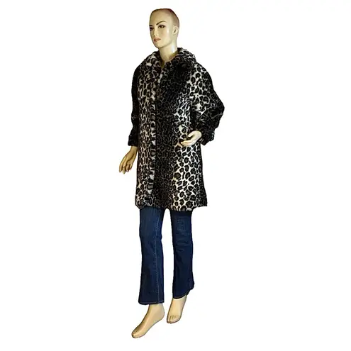 VINTAGE 1980'S BEBE NOSH BLACK & TAN ANIMAL PRINT FAUX FUR COAT (M) Size M