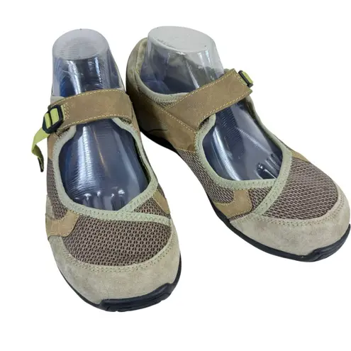 Ahnu Benicia Brown Tan Green Mesh Suede Leather Mary Jane Walking Shoes Size 10