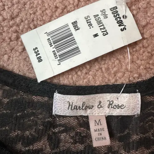 NWT Harlow & Rose Medium embroidered lace top sheer flowers Black
