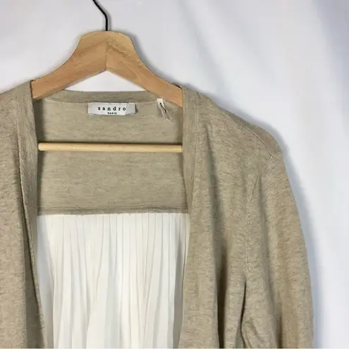 Sandro Paris Beige Knit White Pleated Back Cardigan Sweater 2/M