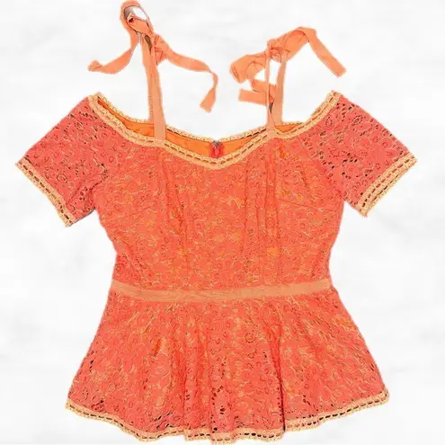 INA Orange Eyelet Lace Crochet Peplum Cold Shoulder Blouse Top