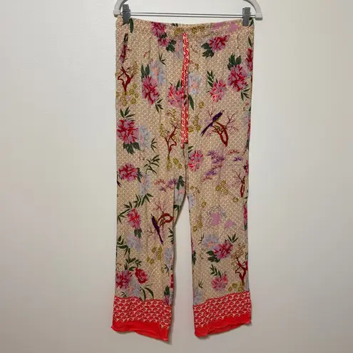 World Market Floral Boho Pants Size Large Elastic Waist Birds Nature Pink
