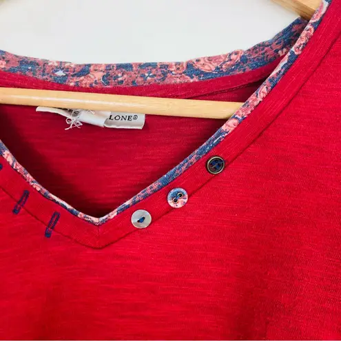 Rebecca Malone Vintage Y2K brick red long sleeve Henley style top lace and printed trim at cuff