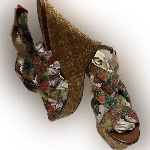 G by Guess Floral Vibrant Glitter Strappy Wedges Platform Shoes - Size 11M