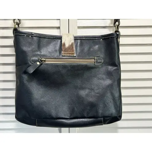 Myra Hair On Black/White Leather Turquoise/Rose Gold Hand Tooled Shoulder Bag Black