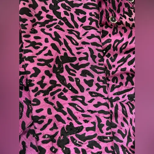 Purple Silk Sequin/Beaded Leopard Print Lined Buttonup Size M