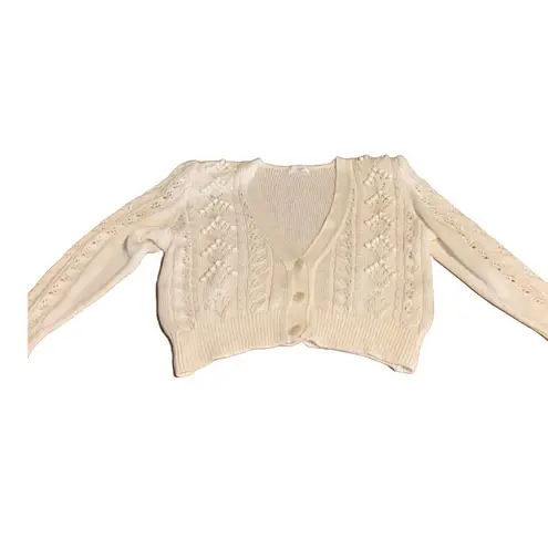EL JEUNE VINTAGE JAPANESE CREAMY WHITE POMPOM ACCENT V NECK CARDIGAN SWEATER (L) Size L