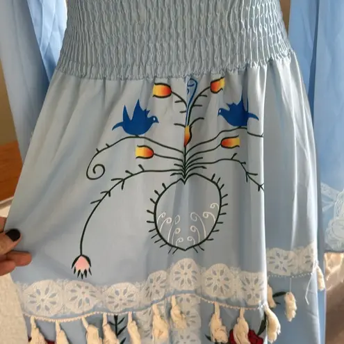 None Blue bohemian Tassle fringe Maxi Dress with birds