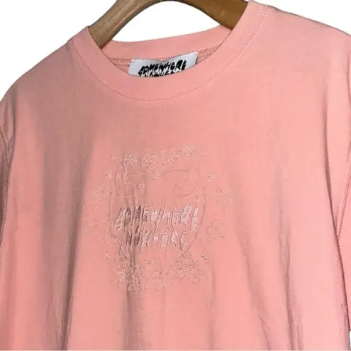 Somewhere Nowhere Womens Size L Pink Logo Floral Heart Horns Embroidered T