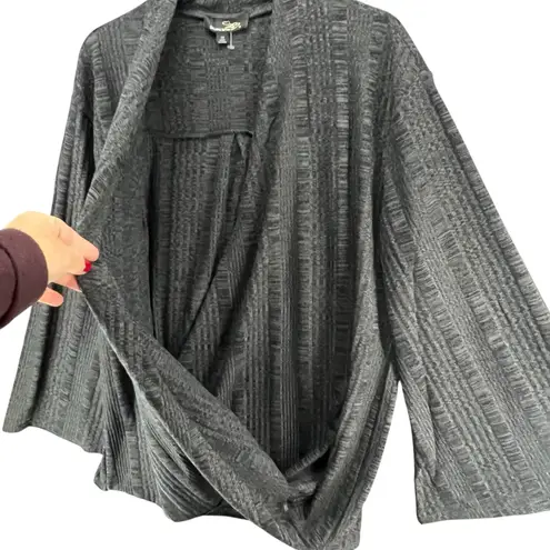 Suzanne Betro Sweater 1X Gray Textured Faux Wrap Front Stretch Surplice Cozy Top