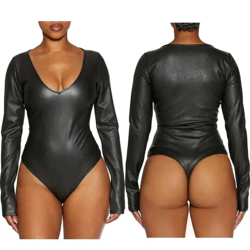 Naked Wardrobe Faux Leather Black Thong Bodysuit NEW size Small