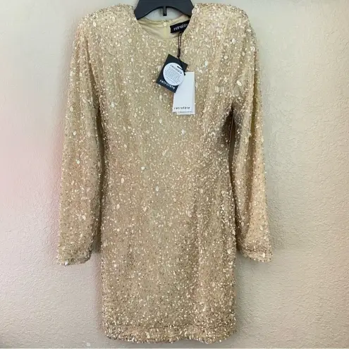 RETROFÊTE‎ Nikki Sequin Long Sleeve Minidress in Sea Shell Size Small NWT Tan