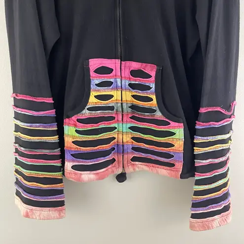 Y2K 90’s Black Rainbow Psychedelic Rip N Tear Wide Bell Sleeve Full Zip Hoodie Size L