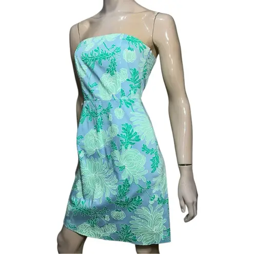Tibi Women’s 6 Blue Green Floral Leaf Print Corset Tie Back Strapless Mini Dress