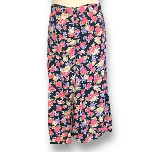 Vintage 90s Maxi Skirt Dark Floral Black Pink Cottagecore Button Down XL Black